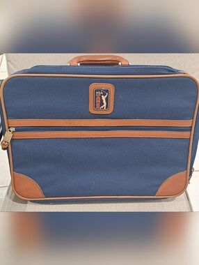 Vintage PGA Tour Suitcase Luggage - Blue Nylon & Tan Leather